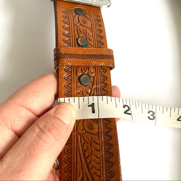 Vintage Tooled Brown Leather Belt Silver Western - Picture 10 of 11